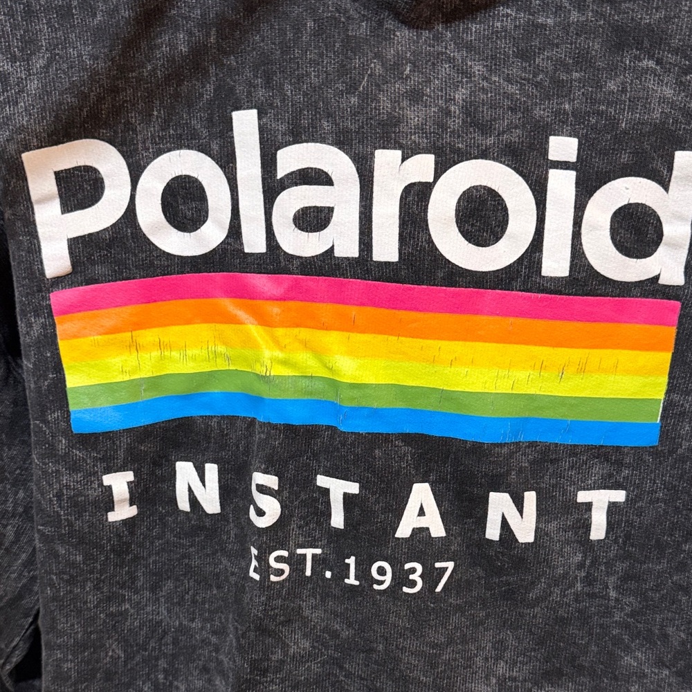 Polaroid Black Cropped Acid-Washed Hoodie with Rainbow Stripe Logo. Size Large - Picture 2 of 8